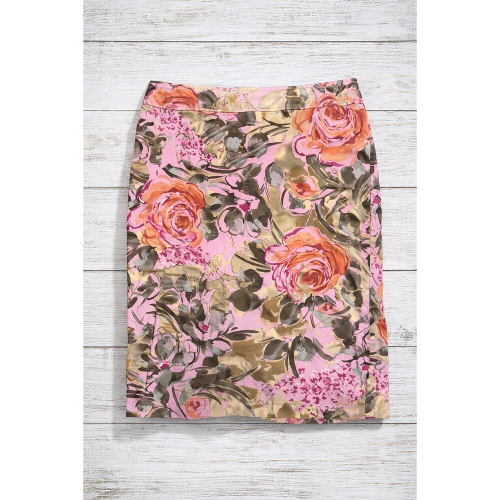 Pink Floral Pencil Skirt Size 8 | Rose Print Cotton Blend